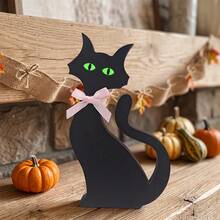1pc Wooden Black Cat Tabletop Sign Decor, With Pink Bow And Green Cat Eyes Glow In Dark Sticker Decoration, Autumn Halloween Household Desk Shelf Party Supplies. - Multicolor - View 8
