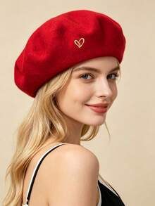 1pc/2pcs Women's Solid Color Wool Warm Beret, French Style Classic Rimless Beret, Suitable For Casual And Party Wear, Metal Heart Decoration, Candy Color Dopamine Style Autumn/Winter Hat - Heart Logo Beret - View 3