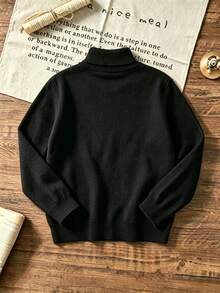 Boys' Pure Black High Neck Sweater, Soft Warm Knitted Pullover - Black - View 4