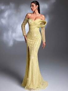 Mint Green Diamond Sequin Embroidered Off-Shoulder Twisted Long Sleeve Lace-Up High Slit Puff Seersucker Train Elegant Luxurious Evening Gown Yellow - Yellow - View 4