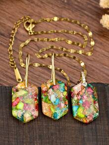 Bohemian Style Royal Stone Hexagon Pendant Jewelry Set, Exquisite Multicolor Mosaic Stone Gold Necklace & Earrings, Vintage Women's Gift Jewelry - Colorful - View 4