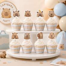 16pcs/Set (8 Cupcake Liners + 8 Cake Toppers) Capybara Cake Decoration Set, Suitable For Capybara Theme Birthday Party Decoration, Baby Shower, Party Supplies - View 3