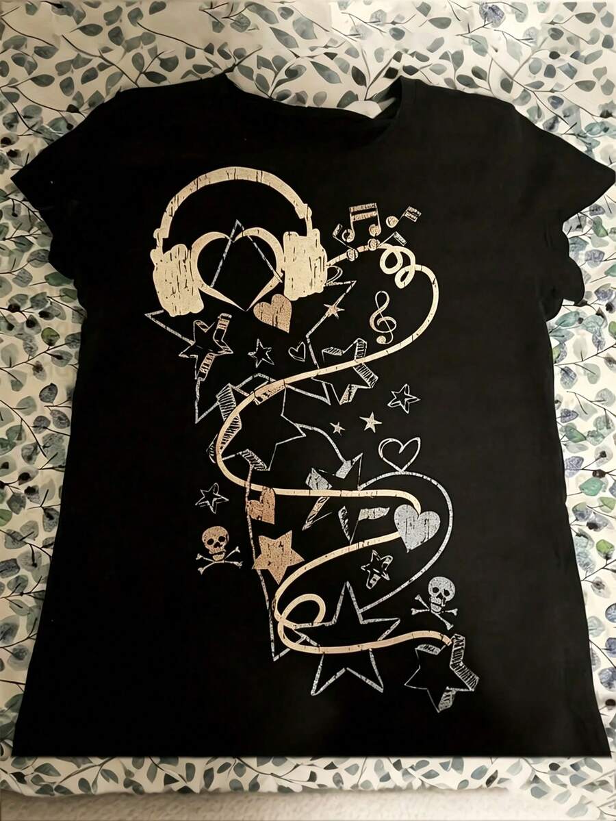 New Arrival Tween Girl Y2K Retro Anime T-Shirt Vintage Streetwear Oversized Manga Tee, Stretchy Unisex Summer Top For Casual & Themed Events - 黑色3 - 查看 1