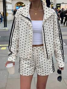 Women's Polka Dot Stand Collar Long Sleeve Jacket, And Shorts Casual Daily 2 Pieces Set,Autumn Outfit,Gym Set,Sport,Yoga - Multicolor - View 3
