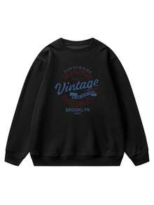 Women's Student Black Contrast Letter Print Long Sleeve Sweatshirt, Loose Casual Comfortable Home Daily Commute Back To School Outfit, Crew Neck Long Sleeve Sweatshirt, Autumn/Winter - Black - View 6