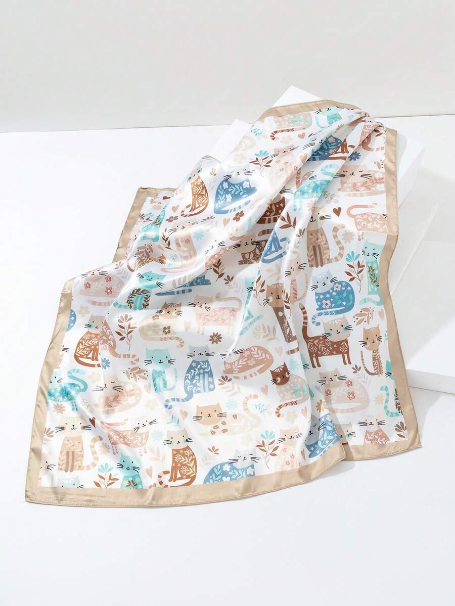 1pc New Floral Design Fashion Versatile Square Silk Scarf, Head Accessory, Wrist Accessory, Small Scarf - Red-839 - View 1