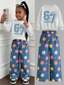 2pcs Set Suitable For Girls, Crew Neck Sweatshirt And Denim Like Floral Bow Wide Leg Pants Outfit, Printed Denim Like Number 67 Pattern Crew Neck Sweatshirt + Denim Like Floral Bow Wide Leg Pants Matching Set, Suitable For Autumn/Winter Daily Wear - Multicolor - View 11