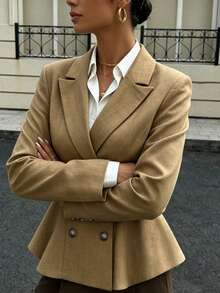 Women's Fashion Lapel Double-Button Blazer, Flared Hem, Short Woven Fabric, Suitable For Autumn And All Seasons - Khaki - View 4