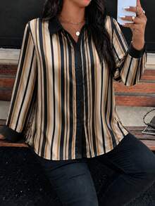 Blus Wanita Ukuran Besar Elegan Motif Garis Bahan Satin Lengan Panjang, Cocok untuk Atasan Harian Musim Gugur - emas hitam - View 4