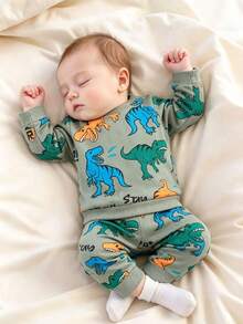 2pcs/Set Baby Boy Stylish Handsome Spring/Autumn Thin New Cartoon All-Over Print Dinosaur Long Sleeve Crew Neck Pullover Sweatshirt And Long Pants Set - Green - View 1
