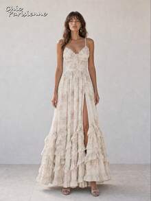 Ivory White Floral Chiffon V-Neck Open Back Tiered A-Line Maxi Dress - 米白 - 查看 7