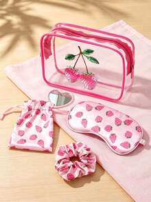Cute Strawberry Print Travel Beauty Accessories,Eye Mask + Hair Scrunchie + Drawstring Pouch + Clear Makeup Bag + Heart Mini Mirror,Women Portable Travel Beauty Accessories Set,Beauty Products,Souvenir, For Travel,Back-To-School,Gifting,Home Use - Multicolor - View 9