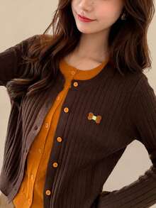 Women's Casual Cute Contrast Color 2 In 1 Knitted Cardigan Sweater Jacket, Autumn/Winter Fall - Coffee Brown - View 4