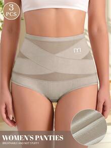 MIOTAN 3pcs Women's Mid-High Waist Panties, Cross Strap Design, Solid Color, Elastic, Soft, Breathable - Multicolor - View 4