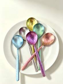 6pcs Pure Titanium Spoons, Exquisite Ice Flower Design Soup Spoons, Home Western Style Spoons, Eating Spoons, Dessert Spoons, Watermelon Spoons, Cake, Coffee, Ice Cream, Honey Spoons - Multicolor - View 2