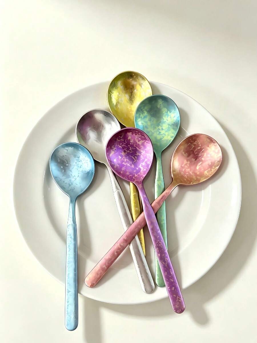 6pcs Pure Titanium Spoons, Exquisite Ice Flower Design Soup Spoons, Home Western Style Spoons, Eating Spoons, Dessert Spoons, Watermelon Spoons, Cake, Coffee, Ice Cream, Honey Spoons