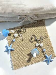 1pc Cute Summer Ocean Style Mushroom Starfish Keychain With Silver Bow Heart Charms, Heart Spring Clasp Anti-Lost Design For Airpods & Car Key, Premium Holiday Birthday Gift For Ladies - Multicolor - View 3