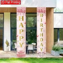 2pcs/Set 30*180cm Rose Gold Birthday Theme Polyester Curtains, Printed With "Happy Birthday" Text, Birthday Party Room Background Decoration Supplies, Indoor/Outdoor Door Decoration Banner, Christmas - Rose Gold - View 2