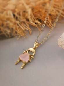 1pc European & American Minimalist Copper Plated Gold Heart-Shaped Zirconia Couple Pendant Necklace Set For Boys & Girls Exquisite For Daily Wear And Gift - Gold - View 6