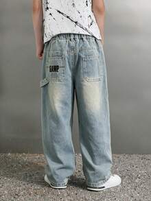 Boys' New 2026 Autumn Casual Loose Straight Leg Embroidered Denim Long Pants For Kids And Older Children - Light Wash - View 3