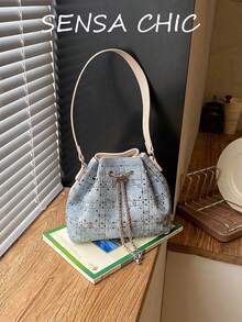Bolso cubo azul claro con cuadrícula y strass, cordón, cadena y correa de hombro de PU para mujer, uso diario, citas, compras, almacenamiento de teléfono, lápiz labial y llaves - Azul - Ver 5