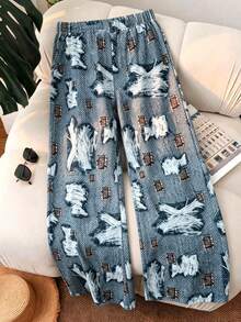 Street Fashion Girl Creative Letter Print Sweatshirt, Casual Crew Neck Sweatshirt Paired With Personalized Leopard Print All-Over Loose Wide Leg Pants, Autumn/Winter Daily 2-Piece Set - Apricot - View 6