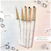 5 piezas de pinceles para arte de uñas con cinta láser fluida incorporada, bolígrafos de uñas de terapia de luz degradada de línea ultrafina, herramientas de uñas de terapia de luz degradada pintadas a mano DIY, pinceles de arte de uñas con barril de bolígrafo fluido iridiscente transparente hueco, set de líneas de uñas de lujo con purpurina aurora, tubo de bolígrafo con cinta arcoíris holográfica incorporada, herramientas multifuncionales pintadas a mano para estudio de arte de uñas - Multicolor - Ver 1