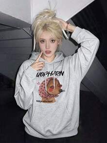 女款連帽運動衫，秋冬新款小狗圖案與字母印花，抽繩設計，附口袋，休閒百搭寬鬆上衣 - 深花灰 - 查看 6
