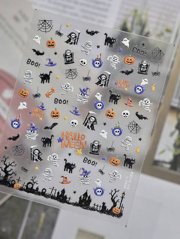 1pc 5D Embossed Nail Art Sticker, Cute Halloween Cartoon Nail Decal, Self-Adhesive Nail Sticker, Includes Pumpkin, Ghost, Mummy And Witch Hat Spooky Party Theme