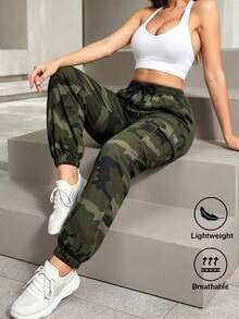Women's Camouflage Print Drawstring Waist Cuffed Cargo Pants, Long Woven Fabric, With Pockets, Perfect For Creating A Street Style Look - Army Green - View 1