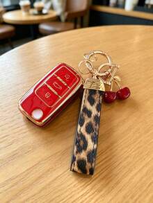 適用於鑰匙套與鑰匙圈，汽車鑰匙收納架，Sprinter、Polo、Lavida、Golf、Polo、Smart 遙控鑰匙保護殼，軟殼保護您的汽車鑰匙免受刮傷，汽車鑰匙裝飾櫻桃吊飾豹紋圖案，時尚鑰匙搭配 - 豹紋櫻桃腕帶 - 查看 2