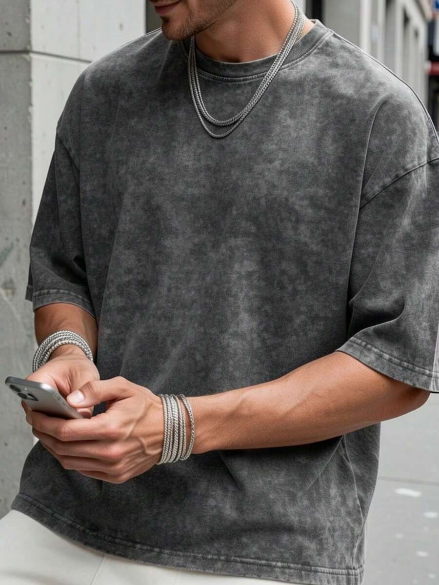 Summer Fashionable Versatile Solid Color Round Neck Snowflake Print Short Sleeve T-Shirt - Dark Grey - View 1