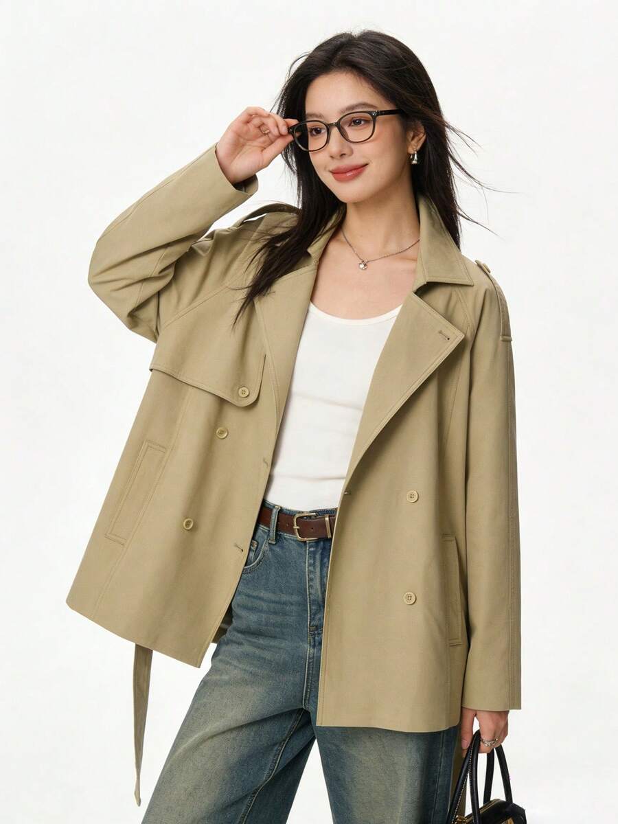 寬鬆休閒版新杏色風衣鈕扣夾克,適合晚間約會、大學、辦公室、日常穿著、秋冬季節、優雅旅行與度假 - 綠色 - 查看 1