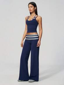 MASKERT Ladies' contrasting color back vest sports pants set yoga training running set tennis golf Pilates - 藏蓝色 - 查看 6