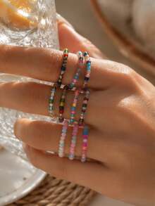 10 piezas/20 piezas/25 piezas/30 piezas/Set Anillos de mujer estilo bohemio con cuentas de colores para uso diario y vacaciones (Color de las cuentas aleatorio) - Multicolor - Ver 3