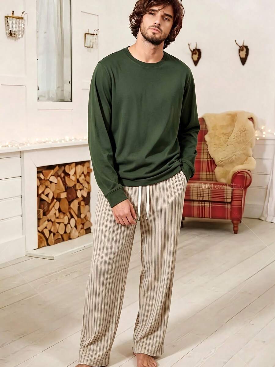 Men's Summer Crew Neck Casual Long Sleeve T-Shirt And Casual Long Pants Loungewear Set - Army Green - View 1