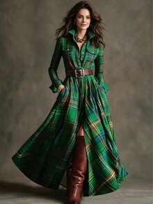 HUTENER Women's Retro Plaid Long Dress With Oversized Dress, Fashion Button-Up Belted Collar Shirt Dress, Perfect For Parties And Events (Belt Not Included) Spring Elegant - Fresh Green - View 2