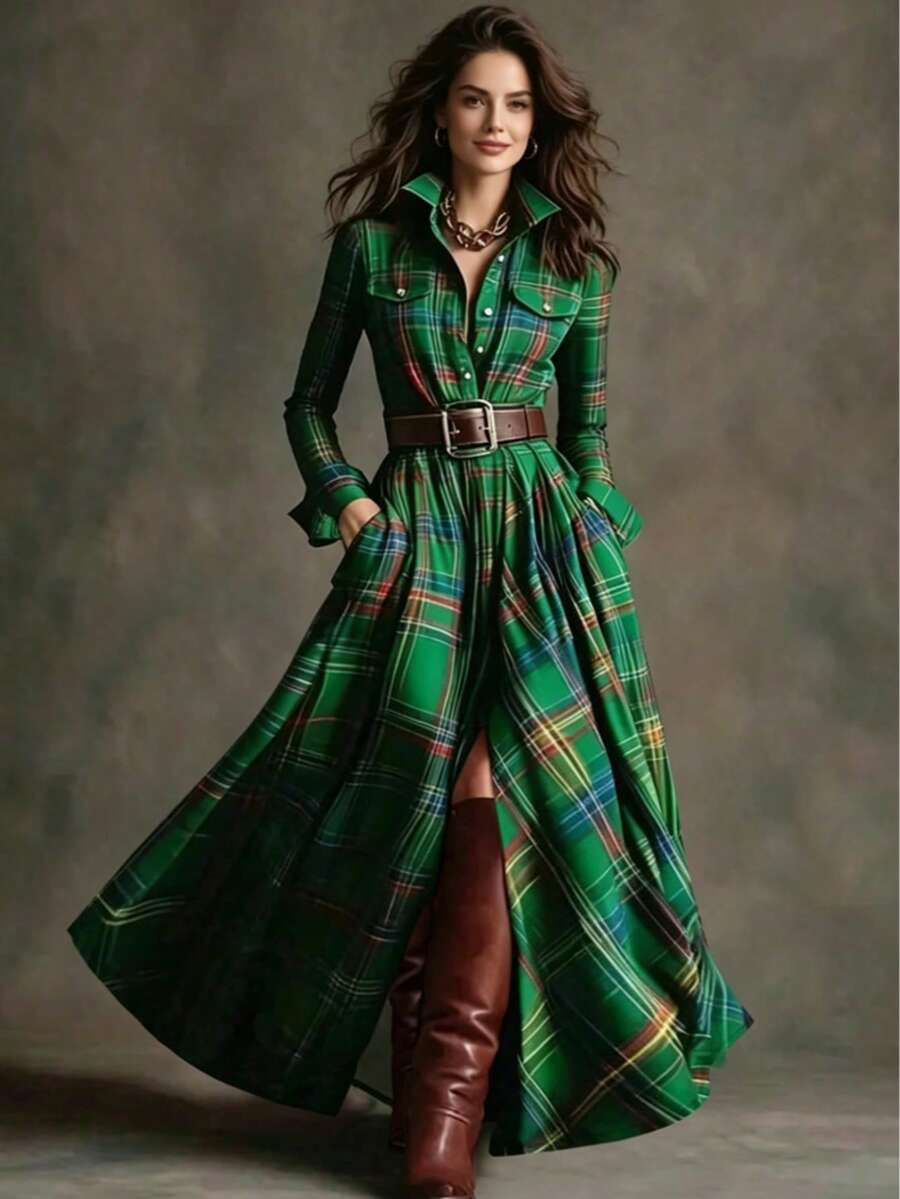 HUTENER Women's Retro Plaid Long Dress With Oversized Dress, Fashion Button-Up Belted Collar Shirt Dress, Perfect For Parties And Events (Belt Not Included) Spring Elegant