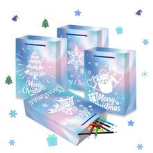 4/12pcs Winter Snowflake Gift Bags, Blue & Pink Snowflake Design Large Capacity Favor Bags, Kraft Paper Gift Bags With Handles, Suitable For Birthday, Christmas, Winter Wonderland Theme Party - Multicolor - View 3