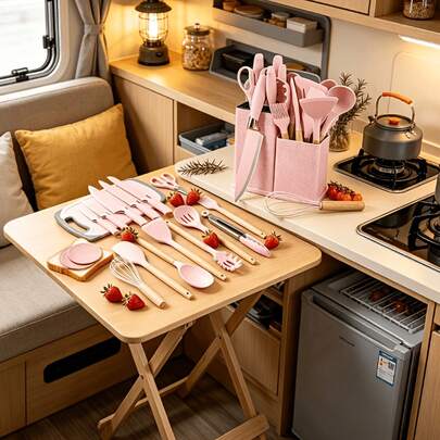 19pcs Lightweight Silicone Kitchenware Set, Integrated Cookware Kit For RV Travel, Easy Storage Full Cooking Gadgets, Special Utensils For Caravan Living & Road Trip Meal Prep