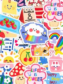 50pcs Ins Style Floral Cake Stickers, Graffiti Vinyl Decorative Stickers For Luggage, Water Bottle, Skateboard, Helmet, Self-Adhesive - Multicolor - View 2