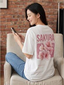 Japanese Pink Sakura Cherry Blossom Graphic Cotton Tee For Ladies, Crew Neck Short Sleeve Light All-Match Summer Daily Outfit - 白色 - 查看 2