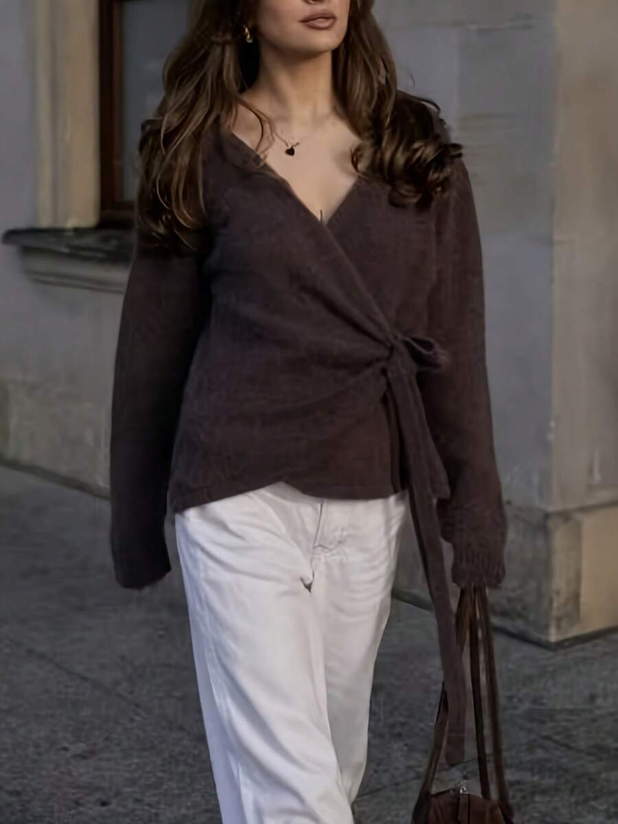 Women's Soft Loose Drop Shoulder Long Sleeve Knit Cardigan Sweater, Casual Relaxed Everyday Autumn Top - Brown - View 1