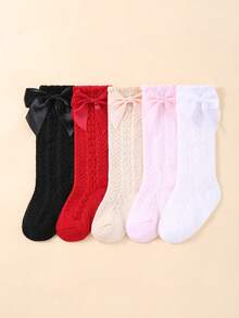 5 Pairs Random Style Back To School Mid-Calf Socks For Baby Girls, Cute Bow & Ruffle Trim Socks, Newborn Baby Girl Essentials, Kindergarten Party Gift - Multicolor - View 3