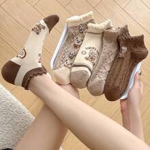 3/5/6/8/10 Pairs Women's Cute Bear Print Ruffle Edge Short Socks, Brown Sweet Low-Top Casual Socks, Suitable For Daily School Wear - Multicolor - View 1