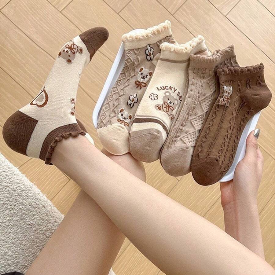 3/5/6/8/10 Pairs Women's Cute Bear Print Ruffle Edge Short Socks, Brown Sweet Low-Top Casual Socks, Suitable For Daily School Wear - Multicolor - View 1