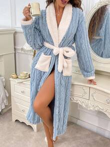 Women's Autumn/Winter Long Sleeve Belted House Robe, Fluffy Loose Comfortable Soft Contrast Color Plush Sleepwear - Blue - View 2