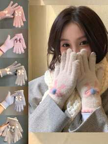 1 Pair Cartoon Plush Knitted Warm Gloves, Cute Style, Multiple Colors, Windproof And Touchscreen Compatible, Autumn And Winter - A - View 1