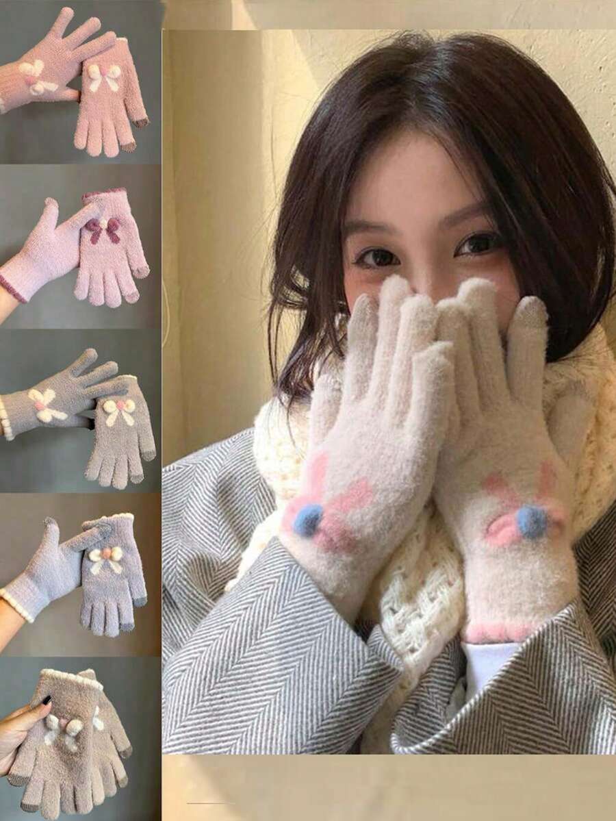 1 Pair Cartoon Plush Knitted Warm Gloves, Cute Style, Multiple Colors, Windproof And Touchscreen Compatible, Autumn And Winter - A - View 1