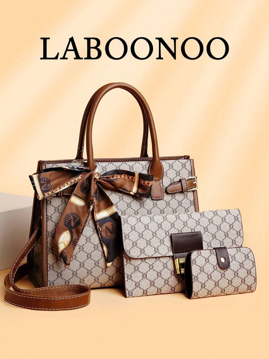 Multi-Color Plaid PU Handbag Crossbody Zipper Bag, Fashionable Versatile Large Capacity Elegant Middle-Aged Women's Bag 3 Pieces Set For Daily Outings - Grey - View 1
